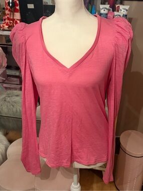 Express Pink Long Puff Sleeve Cotton Blend V-Neck Shirt Size M